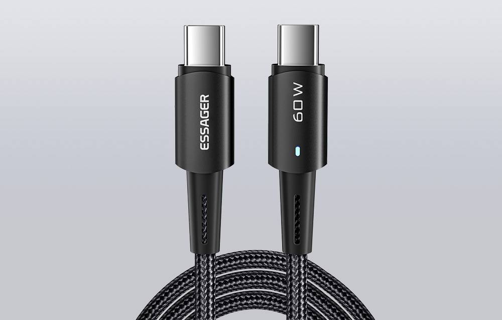 Kabel Essager USB-C do USB-C na szarym tle.