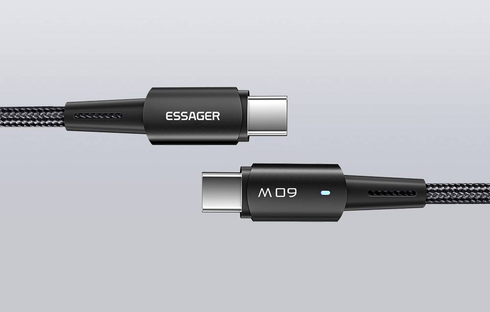 Kabel Essager USB-C do USB-C na szarym tle.