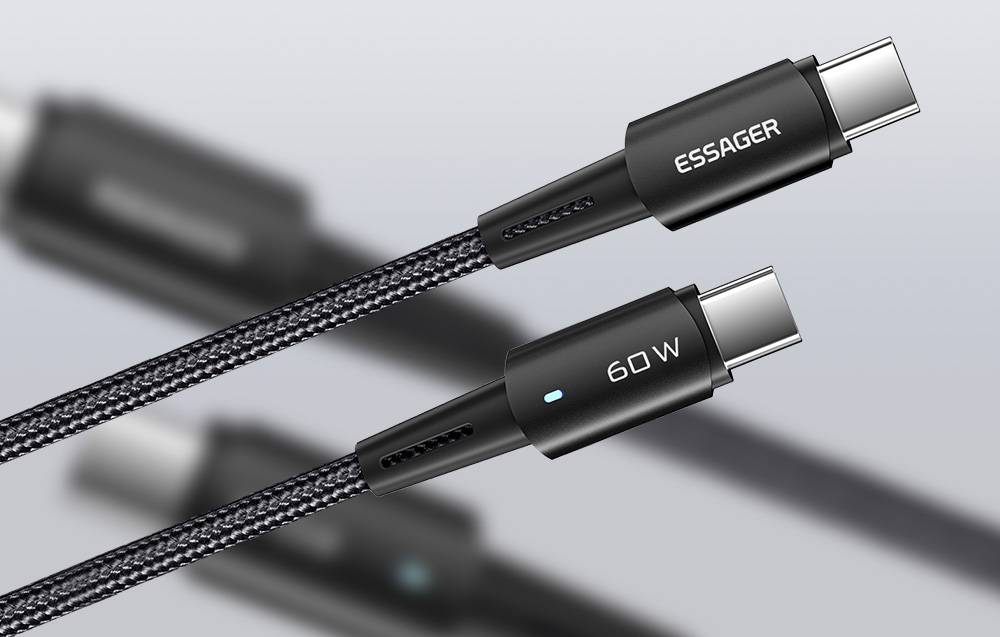 Kabel Essager USB-C do USB-C na szarym tle.